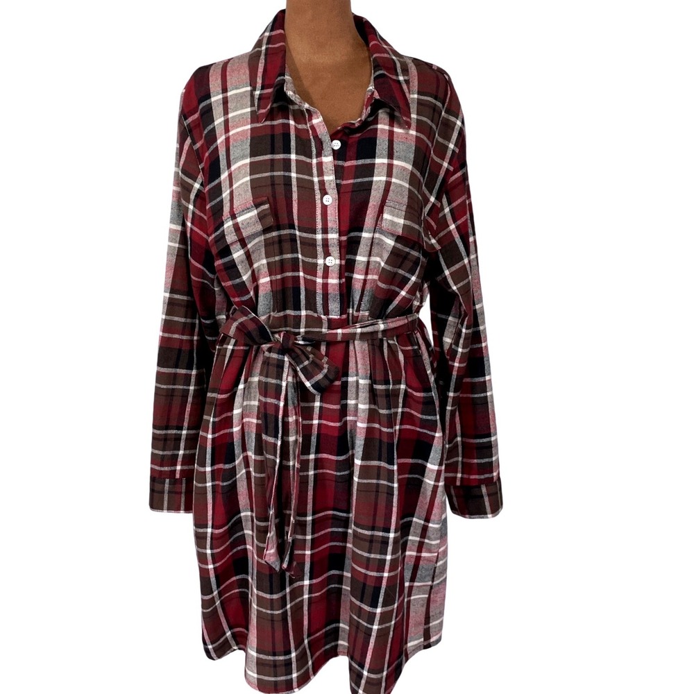 Mud Pie Womens Red Plaid Flannel Button Front Belted Shirt Dress Size L 12-14
